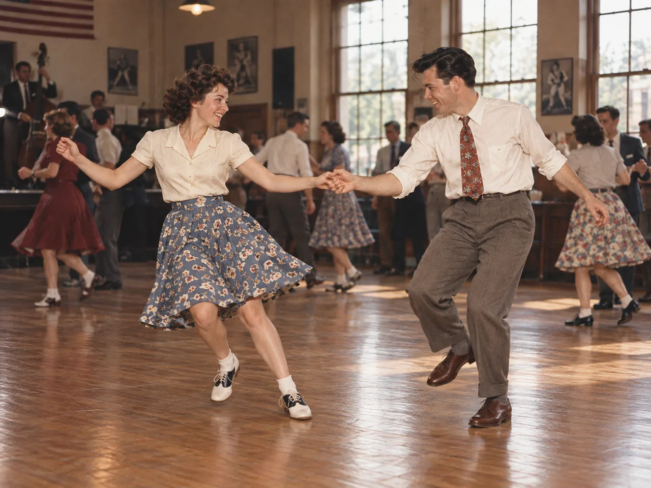 Bailarines practican swing juntos en un salón luminoso