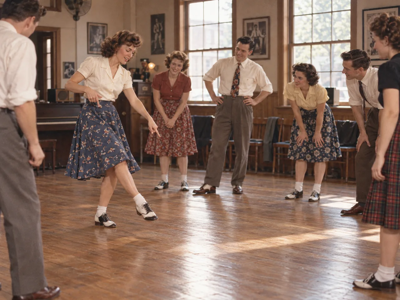 Una profesora muestra un paso individual a un grupo de bailarines