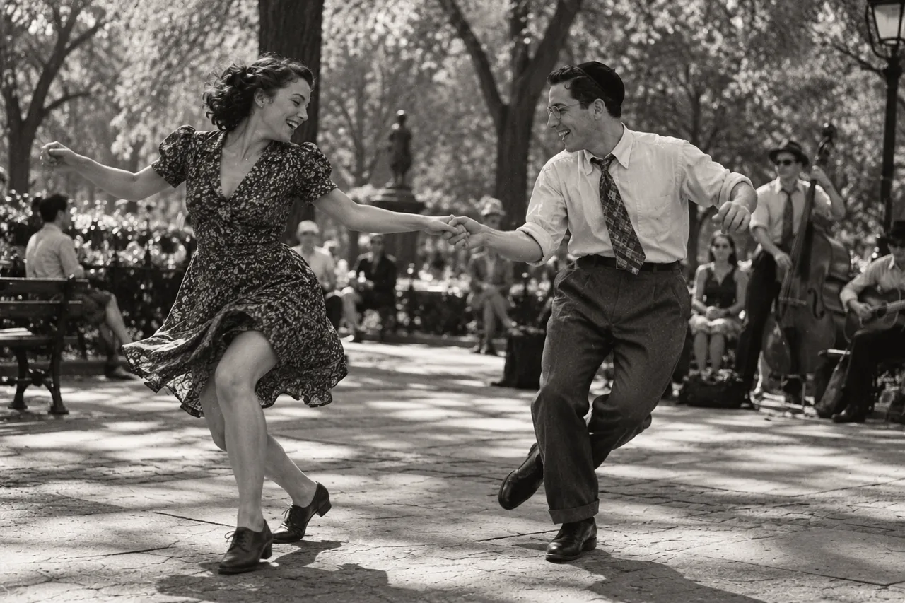Una pareja baila en un parque con músicos al fondo