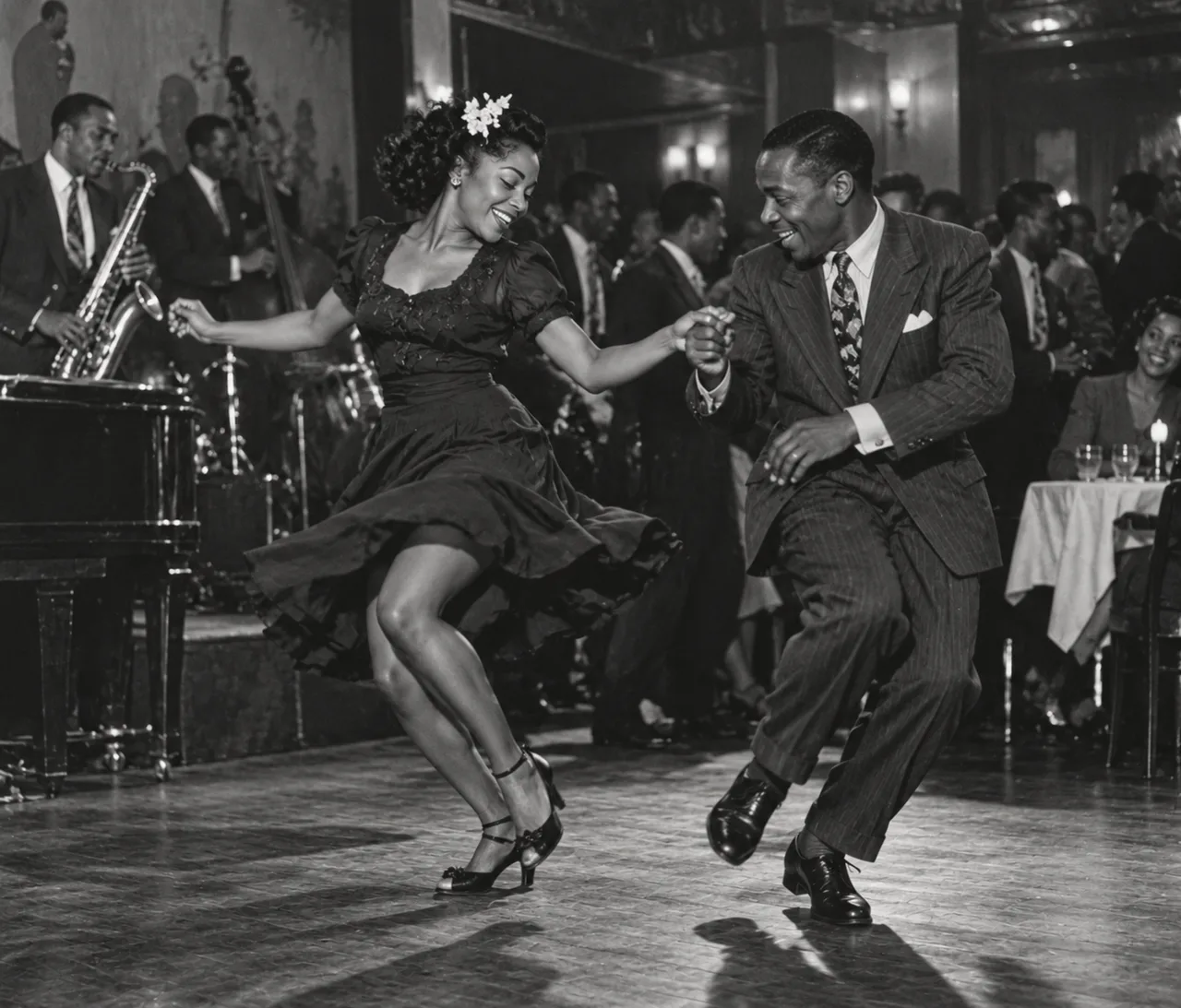 Una pareja baila junto a una banda de jazz en un club